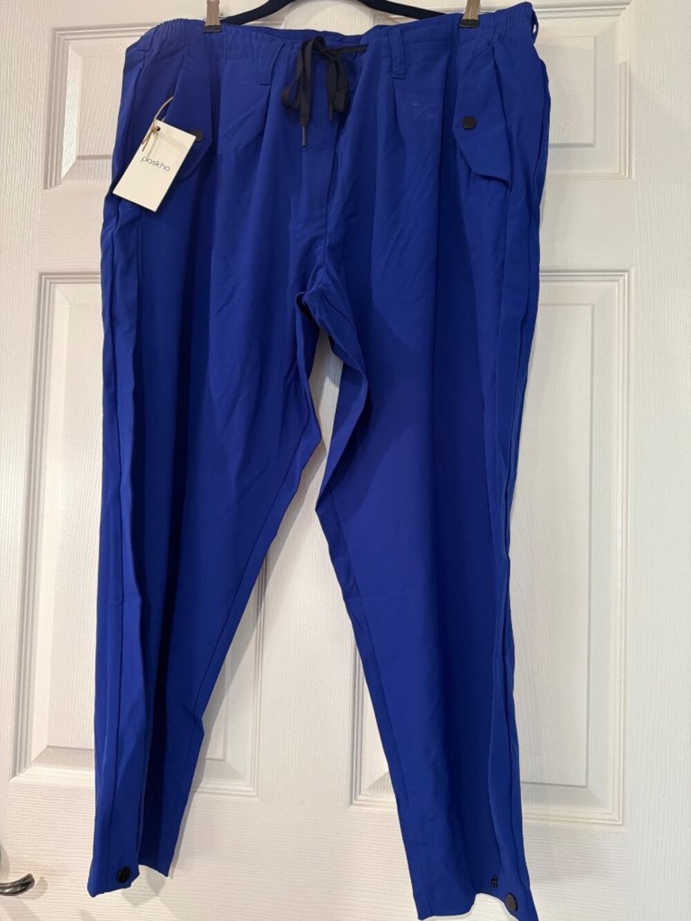 Paskho Mens Blue XL Relaxed Fit Travel Pants With Snap Pockets & Drawstring Wais